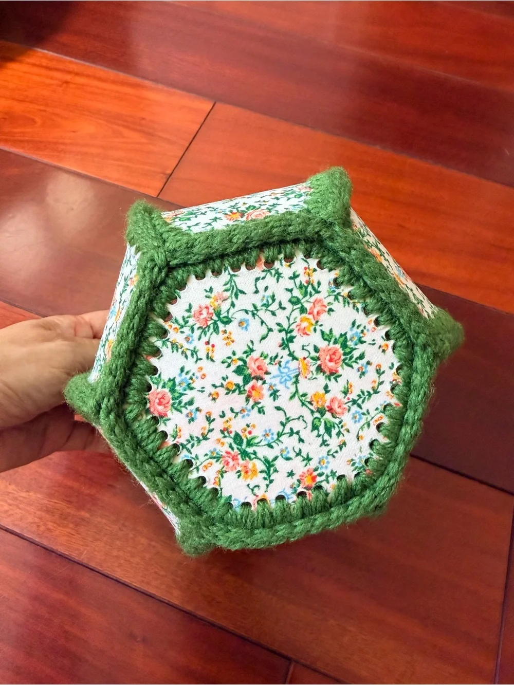 Handmade Hexagonal Floral Fabric Basket w/ Green Yarn Trim Small 6x5
